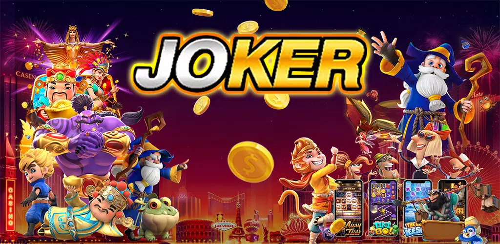 joker slot game โลโก้หลักพร้อมตัวละครเกมสล็อตหลากหลายธีม เทพเจ้าไฉ่ซิงเอี๊ย ซานต้าคลอส ลิงน้อย เหรียญทอง joker slot game เริ่มต้นง่าย 3 ขั้นตอน เล่นได้ทันทีบนมือถือ